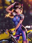  acronym adapted_costume animal_print arm_up bangs bicycle bike_jersey bike_shorts biker_clothes blue_bodysuit blurry bodysuit bokeh breasts breasts_apart brown_eyes brown_hair bunny_print cable character_name closed_mouth clothes_writing covered_navel cowboy_shot d.va_(overwatch) depth_of_field emblem eyelashes facepaint facial_mark fingerless_gloves floating_hair freckles gloves goggles ground_vehicle hand_on_head headphones helmet impossible_bodysuit impossible_clothes legs_apart lens_flare liang_xing light_particles logo long_hair looking_at_viewer medium_breasts nose outdoors overwatch patreon_username pink_lips road_bicycle saddle short_sleeves shoulder_pads skin_tight smile solo spandex standing swept_bangs watermark web_address whisker_markings white_gloves wind zipper 