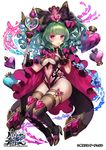  black_bow black_gloves black_legwear bow breasts brown_legwear cleavage copyright_name curly_hair finger_to_mouth fingerless_gloves gem gloves green_hair heart high_heels large_breasts long_hair looking_at_viewer navel official_art pink_cape pink_eyes smile solo terai_(teraimorimori) the_caster_chronicles thigh_strap thighhighs underboob vial wand 