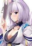  animal_ears azur_lane bangs blue_eyes blush breasts cleavage collarbone commentary_request fox_ears fox_mask fox_tail kaga_(azur_lane) kanzaki_kureha large_breasts long_sleeves looking_at_viewer mask mask_removed parted_lips short_hair smile solo tail white_hair wide_sleeves 