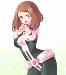  :d bangs belt blush_stickers bodysuit boku_no_hero_academia breasts brown_eyes brown_hair choker cowboy_shot fingers_together half-closed_eyes hips looking_at_viewer medium_breasts open_mouth shisui_suzuka short_hair simple_background smile solo swept_bangs teeth uraraka_ochako utility_belt white_background 