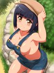  anime_coloring black_hair blush breasts brown_eyes bush cabbie_hat capitan_(tsyoujo) cleavage collarbone day from_above hand_on_headwear hat highres looking_at_viewer looking_up medium_breasts naked_overalls no_bra original outdoors overalls short_hair sitting smile solo strap_gap 