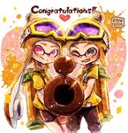  bangs bike_shorts black_shorts blonde_hair blunt_bangs bobblehat brown_eyes closed_mouth congratulations dated domino_mask english fangs goggles goggles_on_headwear harutarou_(orion_3boshi) hat heart holding holding_weapon ink_tank_(splatoon) inkling inkzooka_(splatoon) long_hair looking_at_viewer mask open_mouth paint_splatter pointy_ears print_shirt red_eyes shirt short_hair shorts single_vertical_stripe smile splatoon_(series) splatoon_1 standing t-shirt tentacle_hair weapon white_background yellow_hat yellow_shirt 