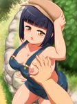  anime_coloring black_hair blush breast_grab breasts brown_eyes bush cabbie_hat capitan_(tsyoujo) cleavage collarbone day from_above grabbing hand_on_headwear hat highres lactation looking_down medium_breasts naked_overalls nipples no_bra one_breast_out open_mouth original outdoors overalls short_hair sitting solo_focus strap_gap 
