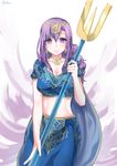  arka91 breasts cape earrings fate/grand_order fate_(series) hair_ornament highres indian_clothes jewelry large_breasts long_hair long_skirt looking_at_viewer matou_sakura midriff necklace parvati_(fate/grand_order) polearm purple_eyes purple_hair signature skirt solo weapon 