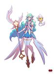  1girl alternate_costume alternate_eye_color alternate_hair_color alternate_hairstyle fluffy_ears gloves green_hair horn league_of_legends long_hair official_art solo soraka star_guardian_soraka thighhighs very_long_hair white_gloves white_legwear white_wings wings 