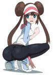  1girl ass black_legwear blue_eyes blue_footwear blush breasts brown_hair cameltoe double_bun embarrassed female from_behind full_body hair_tie hand_up hat long_hair looking_back looking_to_the_side medium_breasts mei_(pokemon) open_mouth pantyhose pink_hat pink_socks pokemon pokemon_(game) pokemon_bw2 rayphenos shirt shoes simple_background socks solo squatting sweat tied_hair twintails visor_cap white_background white_hat white_shirt 