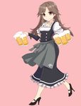  adapted_costume alcohol alternate_costume apron arashio_(kantai_collection) beer_mug black_dress brown_eyes brown_hair cup dirndl dress german_clothes high_heels holding holding_cup kantai_collection long_hair looking_at_viewer oktoberfest pink_background remodel_(kantai_collection) smile solo tun underbust waist_apron waitress 
