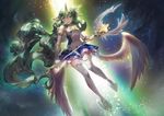  angel_wings armlet bare_shoulders breasts dress elbow_gloves full_body gloves green_eyes green_hair hair_ornament horns kirsos league_of_legends long_hair looking_at_viewer magical_girl medium_breasts open_mouth pointy_ears skirt sky sleeveless sleeveless_dress soraka sparkle staff star_(sky) star_guardian_soraka starry_sky thighhighs very_long_hair wings zettai_ryouiki 