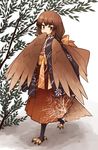  absurdres bangs bird_tail bird_wings blush branch brown_eyes brown_hair claws commentary_request covering_mouth eyebrows_visible_through_hair feathered_wings feathers hakama harpy highres japanese_clothes kaginoni kimono long_hair looking_at_viewer low_ponytail monster_girl obi original ponytail red_hakama sash solo standing stirrup_legwear tail toeless_legwear tree walking wings 