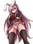  absurdres amagi_(amagi626) animal_ears black_legwear black_shirt bow bow_panties bunny_ears from_below hand_on_own_chest highres lifted_by_self long_hair long_sleeves looking_down necktie open_mouth panties purple_eyes red_neckwear reisen_udongein_inaba shirt sketch skirt skirt_pull solo thighhighs touhou underwear white_background white_hair white_panties zettai_ryouiki 