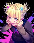  alternate_eye_color artist_name bangs black_background blonde_hair blue_eyes blunt_bangs boku_no_hero_academia cardigan double_bun earrings eyeball eyeball_hair_ornament eyelashes fangs half-closed_eyes hands_on_own_face heart jewelry jiro_(apollo) long_sleeves looking_at_viewer paint paint_on_face paint_splatter pleated_skirt simple_background skirt slit_pupils smile solo teeth toga_himiko 