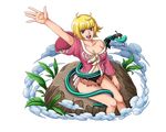  :d arm_up blonde_hair bodskih breasts brown_eyes brown_skirt cleavage collarbone groin large_breasts looking_at_viewer marguerite microskirt navel one_piece open_mouth shiny shiny_skin short_hair sitting skirt smile snake solo transparent_background 