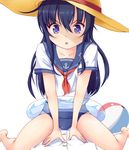  1girl :o admiral_(kantai_collection) akatsuki_(kantai_collection) alternate_headwear anchor_symbol ball bare_legs beachball blue_innertube blue_swimsuit blush cameltoe collarbone commentary_request hat innertube kantai_collection long_hair looking_at_viewer naminaki neckerchief old_school_swimsuit one-piece_swimsuit parted_lips pov purple_eyes purple_hair red_neckwear school_swimsuit school_uniform serafuku shirt short_sleeves sitting sitting_on_person solo_focus straw_hat sun_hat swimsuit swimsuit_under_clothes transparent v-shaped_eyebrows wariza white_background white_shirt 