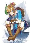  blonde_hair blue_eyes earrings highres jewelry link long_hair looking_at_viewer male_focus mask pointy_ears ponytail shimo_(s_kaminaka) solo sword the_legend_of_zelda the_legend_of_zelda:_breath_of_the_wild weapon 