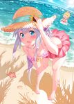  absurdres aqua_ribbon barefoot beach bent_over bikini_skirt blank_eyes blonde_hair blue_eyes blush breasts cleavage collarbone day eromanga_sensei eyebrows_visible_through_hair flower frilled_bikini_top front-tie_top hand_on_headwear hands_on_hips hat hat_flower hat_ribbon highres izumi_sagiri lens_flare long_hair looking_at_viewer multiple_girls navel ocean open_mouth outdoors partially_submerged pink_skirt ribbon shadow silver_hair skirt small_breasts standing straw_hat striped_bikini_top sun sun_hat sunflower water waterring yamada_elf yellow_hat 