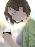  blurry bokeh breasts brown_eyes brown_hair coffee collarbone cup dated depth_of_field drawrepulser drink drinking_glass ears from_side hair_behind_ear highres holding holding_cup lips looking_at_hand looking_down medium_breasts mug profile short_hair signature smile 