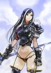  absurdres armor bikini_armor black_hair breastplate gauntlets highres holding holding_weapon long_hair navel okuto original red_eyes solo thighhighs weapon white_hair 