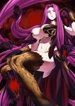  absurdly_long_hair breasts claws cleavage commentary_request curvy expressionless fangs fate/grand_order fate_(series) gorgon_(fate) hair_intakes hand_on_own_knee highres huge_breasts ifuji_shinsen lips long_hair midriff monster_girl navel petting purple_eyes purple_hair revealing_clothes rider scales snake solo very_long_hair 