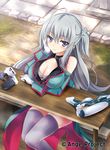  absurdres ahoge ange_vierge bare_shoulders breasts cleavage commentary_request highres kurowana large_breasts long_hair looking_at_viewer nya_lapucea silver_hair solo 