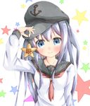  akatsuki_(kantai_collection) anchor_symbol arm_up black_hat blue_eyes blush breasts closed_mouth commentary_request flat_cap hat head_tilt holding kantai_collection long_hair long_sleeves looking_at_viewer neckerchief purple_eyes red_neckwear remodel_(kantai_collection) school_uniform serafuku shiratsuyu_natsume shirt small_breasts smile solo star starry_background translated upper_body white_background white_shirt 