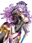  armor black_armor breasts camilla_(fire_emblem_if) cleavage fire_emblem fire_emblem_if gloves hair_over_one_eye highres kumiko_shiba large_breasts lips long_hair looking_at_viewer purple_eyes purple_hair red_eyes smile solo tiara very_long_hair 