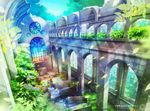  1girl blue_hair brown_hair church espiral_bonita goggles goggles_on_head highres long_hair looking_at_another overgrown pew pixiv_fantasia pixiv_fantasia_t pointing ruins scenery short_hair twintails 