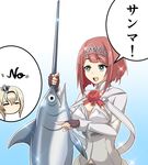  ark_royal_(kantai_collection) bangs blue_background blue_eyes blunt_bangs bob_cut brown_gloves cleavage_cutout commentary_request fingerless_gloves flower gloves gradient gradient_background hairband kantai_collection long_sleeves pointing pun red_flower red_hair red_ribbon red_rose ribbon rose short_hair solo swordfish tiara tk8d32 translated warspite_(kantai_collection) you're_doing_it_wrong 