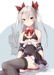  alternate_costume amatsukaze_(kantai_collection) arms_at_sides azur_lane bare_shoulders belt blush closed_mouth commentary_request cosplay detached_sleeves eyes_visible_through_hair front-tie_bikini front-tie_top garter_straps hair_ornament kantai_collection long_hair looking_at_viewer partial_commentary red_eyes red_ribbon rensouhou-kun ribbon simple_background sitting skirt sutaa_dasuto-kun thighhighs two_side_up vampire_(azur_lane) vampire_(azur_lane)_(cosplay) white_hair 