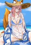  :o animal_ears bikini blue_bikini blush breasts ears_through_headwear fate/grand_order fate_(series) hagunontada hat huge_breasts long_hair looking_to_the_side pink_hair see-through shirt sketch solo spread_legs straw_hat sun_hat swimsuit t-shirt tail tamamo_(fate)_(all) tamamo_no_mae_(swimsuit_lancer)_(fate) wet wet_clothes wet_shirt 