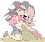  brown_hair child closed_eyes dress hair_over_one_eye happy hat hug kagari_atsuko little_witch_academia long_hair multiple_girls open_mouth pale_skin pink_hair purple_hair red_eyes simple_background smile sucy_manbavaran witch younger 