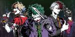  absurdres bags_under_eyes bakugou_katsuki baseball_bat batman_(series) boku_no_hero_academia card commentary cosplay dc_comics denden_(dendenkiribaku) green_hair gun hair_ribbon handgun harley_quinn harley_quinn_(cosplay) highres holster looking_at_viewer makeup male_focus midoriya_izuku multicolored_hair multiple_boys parody revolver ribbon short_hair shoulder_holster smile suicide_squad the_dark_knight the_joker the_joker_(cosplay) todoroki_shouto two-face weapon 