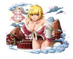  blonde_hair bodskih breasts brown_eyes brown_skirt cleavage collarbone cowboy_shot holding large_breasts leaning_forward looking_at_viewer marguerite miniskirt neck_ribbon one_piece ribbon shiny shiny_skin short_hair skirt smile solo standing steam transparent_background white_ribbon 