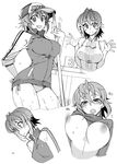  blush breasts greyscale hat highres jacket kusanagi_tonbo large_breasts long_sleeves mitsuru-kun(kusanagi_tonbo) monochrome nipples original short_hair sleeveless sweater swimsuit 