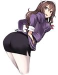  &gt;:) ashigara_(kantai_collection) ass bent_over black_skirt blush breasts brown_eyes brown_hair commentary_request fairy_(kantai_collection) hair_between_eyes hairband kantai_collection long_hair long_sleeves looking_at_viewer looking_back medium_breasts miniskirt pantyhose parted_lips pencil_skirt purple_shirt remodel_(kantai_collection) shirt skirt smile utopia v-shaped_eyebrows wavy_hair white_legwear 