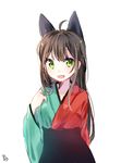  :d ahoge bad_id bad_pixiv_id bangs black_bow black_hakama bow breasts brown_hair collarbone commentary cowboy_shot eyebrows_visible_through_hair green_eyes hair_bow hakama half_updo highres japanese_clothes kimono long_hair long_sleeves looking_at_viewer meiji_schoolgirl_uniform moong_gya multicolored multicolored_clothes multicolored_kimono open_mouth signature simple_background small_breasts smile solo tatsumi_kon urara_meirochou white_background wide_sleeves 
