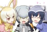  :d ^_^ animal_ears artist_name black_gloves black_hair black_ribbon black_skirt blonde_hair blue_shirt blush bow breast_pocket brown_eyes closed_eyes collared_shirt commentary common_raccoon_(kemono_friends) eyebrows_visible_through_hair eyelashes facing_viewer fang fennec_(kemono_friends) fox_ears fur_collar gloves gradient_hair green_eyes grey_hair grey_neckwear grey_shirt hair_between_eyes hand_on_another's_shoulder hand_up heart iphone_x jitome jpeg_artifacts kemono_friends looking_at_another looking_at_viewer low_ponytail multicolored_hair multiple_girls neck_ribbon necktie open_mouth orange_hair pink_sweater pleated_skirt pocket puffy_short_sleeves puffy_sleeves raccoon_ears reverse_x-ray ribbon sanpaku shirt shoebill_(kemono_friends) short_sleeve_sweater short_sleeves side_ponytail simple_background skirt sleeve_cuffs smile sweater tansan_daisuki tsurime two-tone_hair upper_body white_background yellow_bow |d 