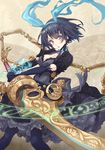  alice_(sinoalice) black_gloves black_hair black_legwear blush breasts cleavage elbow_gloves eyebrows_visible_through_hair gloves hairband highres hinoki_yuu holding holding_sword holding_weapon large_breasts looking_at_viewer parted_lips red_eyes short_hair sinoalice solo sword thighhighs weapon 