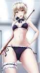  absurdres artoria_pendragon_(all) artoria_pendragon_(swimsuit_rider_alter) bikini black_bikini blonde_hair blush breasts brown_eyes campbell_gichou commentary_request cowboy_shot fate/grand_order fate_(series) from_below hand_on_hip highres holding indoors legs_apart maid_bikini maid_headdress mop navel open_mouth side-tie_bikini sidelocks small_breasts solo swimsuit thighs tsurime 