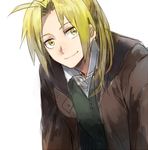  blonde_hair coat edward_elric eyebrows_visible_through_hair fullmetal_alchemist happy long_hair looking_at_viewer lowres male_focus ponytail riru shirt simple_background smile solo waistcoat white_background white_shirt yellow_eyes 