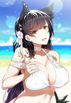  :d animal_ears atago_(azur_lane) azur_lane bangs bare_shoulders bikini black_hair blue_sky blurry blurry_background blush breasts brown_eyes cloud commentary_request day depth_of_field extra_ears eyebrows_visible_through_hair flower hair_flower hair_ornament kagiyama_(gen'ei_no_hasha) large_breasts lens_flare lens_flare_abuse long_hair looking_at_viewer mole mole_under_eye navel ocean off_shoulder open_mouth outdoors skindentation sky smile solo standing strap_slip swimsuit upper_body very_long_hair white_bikini 