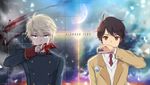  aldnoah.zero bittersweet_(dalcoms) black_hair blood bloody_clothes blue_eyes brown_jacket copyright_name gloves hair_between_eyes highres holding jacket kaizuka_inaho looking_at_viewer male_focus military military_uniform moon multiple_boys necktie orange_eyes red_neckwear shirt silver_hair slaine_troyard sweater uniform white_gloves white_shirt white_sweater 