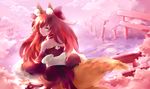  absurdres alternate_color alternate_hairstyle animal_ears commentary_request fate/extra fate/grand_order fate_(series) fox_ears fox_tail highres long_hair looking_at_viewer looking_back mochigome_(fatelly) outdoors pink_hair solo tail tamamo_(fate)_(all) tamamo_no_mae_(fate) tree yellow_eyes 