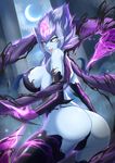  :d ass bare_shoulders black_sclera blue_skin breasts bright_pupils crescent_moon evelynn eyelashes fang highres large_breasts league_of_legends lipstick looking_at_viewer makeup moon night night_sky open_mouth sideboob sky slit_pupils smile solo torahime_(roland00) white_eyes white_hair 
