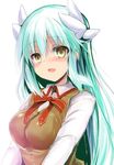  aqua_hair blush breasts commentary_request cosplay fate/grand_order fate/stay_night fate_(series) homurahara_academy_uniform horns kiyohime_(fate/grand_order) long_hair looking_at_viewer medium_breasts open_mouth school_uniform sen_(astronomy) smile solo upper_body yellow_eyes 