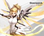  aiming_at_viewer artist_name blonde_hair blue_eyes bodysuit breasts brown_legwear character_name copyright_name dated faulds glowing glowing_wings grey_background gun hair_tie handgun high_ponytail highres holding holding_gun holding_staff holding_weapon long_hair mechanical_halo mechanical_wings medium_breasts mercy_(overwatch) open_mouth overwatch pelvic_curtain pistol shou_mai signature simple_background solo spread_wings staff upper_body weapon white_background white_bodysuit wings yellow_wings 