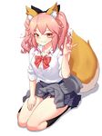  animal_ears black_legwear bow bowtie breasts cardigan_around_waist fate/extella fate/extra fate_(series) fox_ears fox_shadow_puppet fox_tail full_body grin hair_bow hand_on_own_thigh heart highres kneehighs looking_at_viewer medium_breasts narynn orange_eyes pink_hair plaid plaid_skirt pleated_skirt school_uniform seiza simple_background sitting skirt sleeves_rolled_up smile solo tail tamamo_(fate)_(all) tamamo_jk_(fate) twintails white_background 