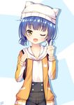  ;d animal_hat animal_print backpack bag bangs black_pants blue_hair blush bunny_print cat_hat collarbone commentary_request eyebrows_visible_through_hair fang gochuumon_wa_usagi_desu_ka? hat head_tilt high-waist_shorts holding hood hood_down hoodie jacket jouga_maya long_sleeves looking_at_viewer low_twintails one_eye_closed open_clothes open_jacket open_mouth pants short_hair short_twintails simple_background smile solo twintails v white_hat white_hoodie win_opz yellow_eyes yellow_jacket 