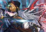  altair_(re:creators) carillus commentary digital_dissolve gauntlets glint gun hair_ribbon hat holding holding_gun holding_sword holding_weapon lens_flare light_trail long_hair looking_at_viewer military military_uniform pink_eyes ppsh-41 re:creators red_eyes red_ribbon ribbon saber_(weapon) sash shako_cap signature silver_hair smile solo submachine_gun sword uniform weapon 