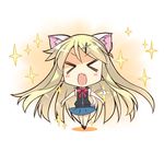  &gt;_&lt; animal_ears bangs black_legwear black_vest blonde_hair blue_skirt blush bow bowtie cat_ears cat_tail chibi closed_eyes collared_shirt commentary_request eyebrows_visible_through_hair facing_viewer fang gia_kon gradient gradient_background hair_bun hair_ornament hairclip kemonomimi_mode kin-iro_mosaic kujou_karen long_hair open_mouth outstretched_arms pink_bow pink_neckwear red_footwear shadow shirt shoes short_sleeves skirt solo sparkle standing striped striped_bow striped_neckwear tail torn_clothes torn_sleeves two-tone_background very_long_hair vest white_shirt wing_collar x_hair_ornament 