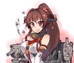  breasts brown_hair cherry_blossoms detached_sleeves flower hair_flower hair_ornament headgear kantai_collection kusanagi_tonbo large_breasts long_hair ponytail sleeveless solo translated turret very_long_hair yamato_(kantai_collection) 